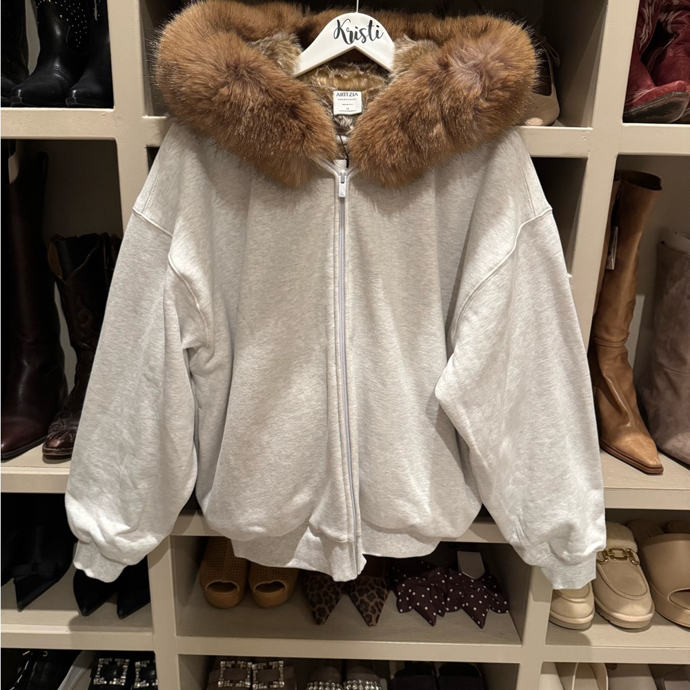 Aritzia Light Gray Bomber Jacket with Brown Fur Trim